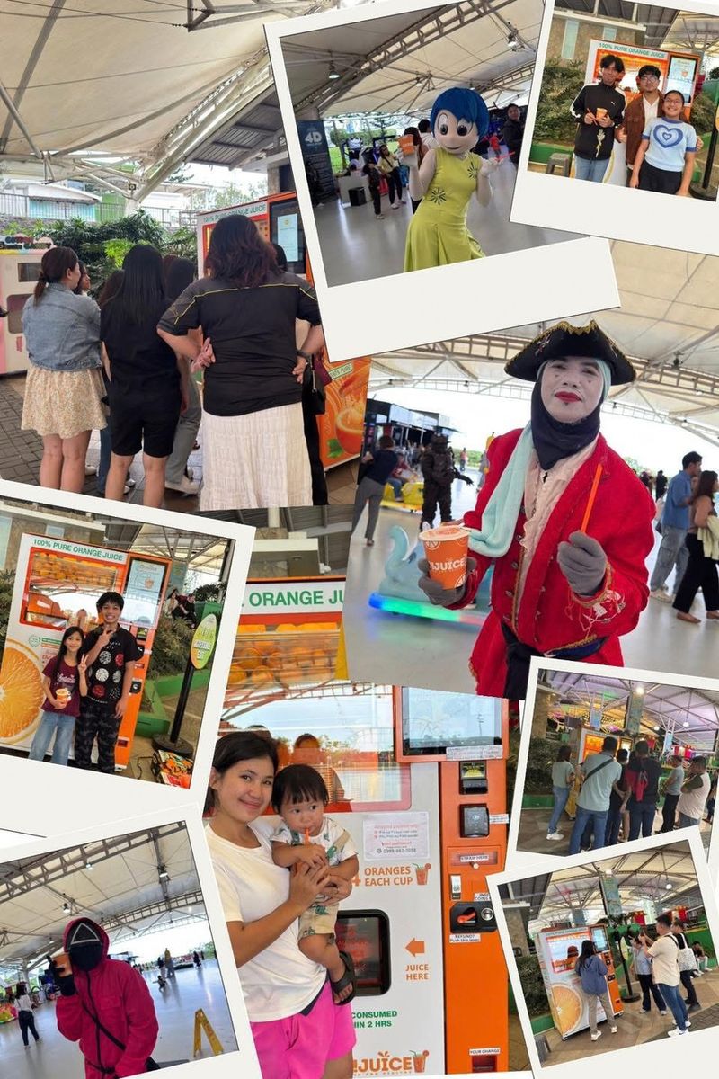 Customers and mascots with O!Juice cups at Sky Ranch