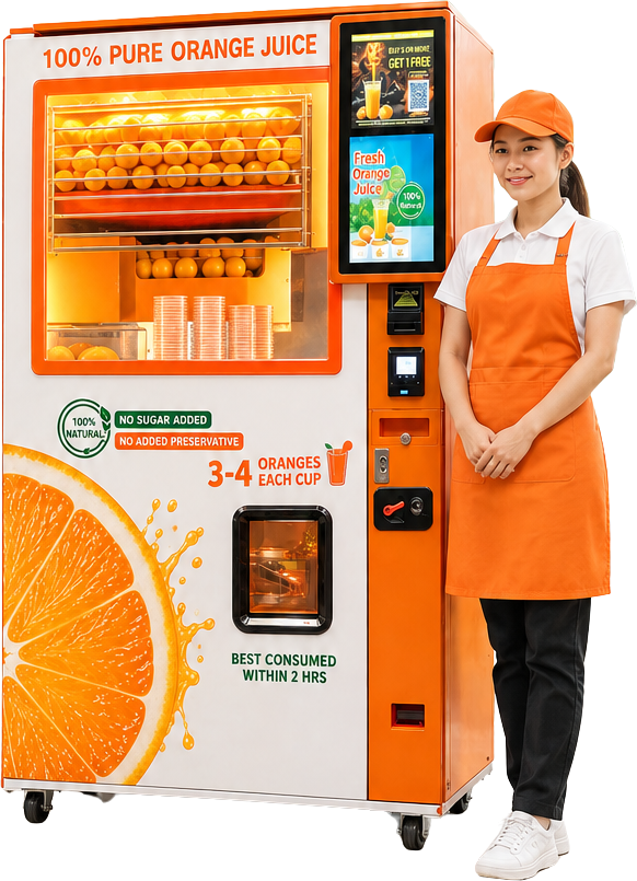 O!Juice fresh orange juice vending machine with a staff member